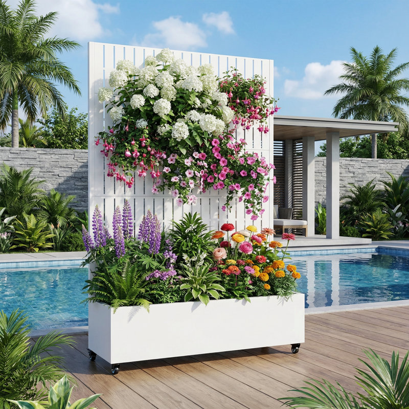 Boîte à fleurs en métal avec treillis et roues, H 72 po x l 47 po x P 16 po, Blanc, 1