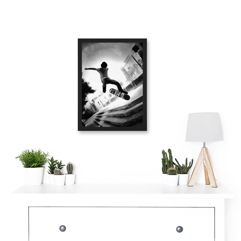 Skateboarder Trick Black White - Single Picture Frame Print