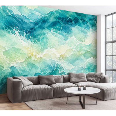 Papier peint adhésif mural abstrait bleu vert aquarelle, peinture de vagues de l'océan, papier autocollant amovible, décoration murale pour salon, chambre à coucher H 100 po x l 144 po