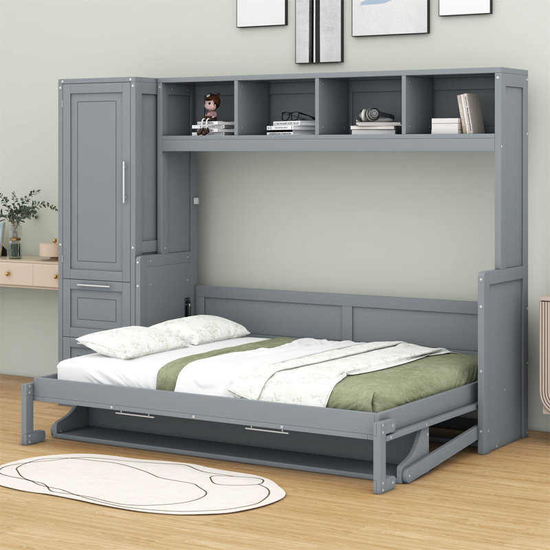 Lit escamotable avec placard et tiroirs Murphy, Double, Gris