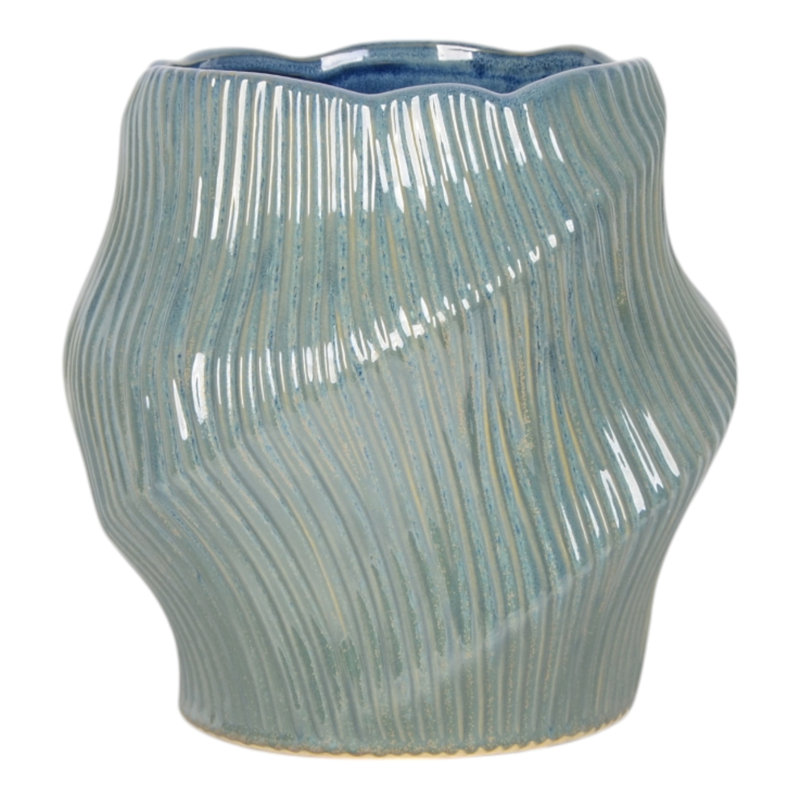 Pottery Earthenware Vase With Sculptural Hollow Design - Decorative Accent For Floral Arrangements And Home Decor, Blue