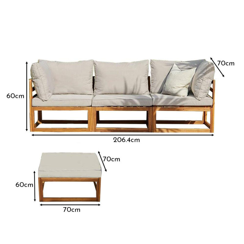 Rimasha 3 Seater Wooden Garden Sofa Set with Footstool & Lean Over Parasol , Natural/Cream