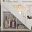 Lit mezzanine avec garde-robe et espace de rangement intégrés, fabrication en bois massif, garde-corps pleine longueur, escalier et tablettes à côté, aucun sommier nécessaire-129415136-129415137