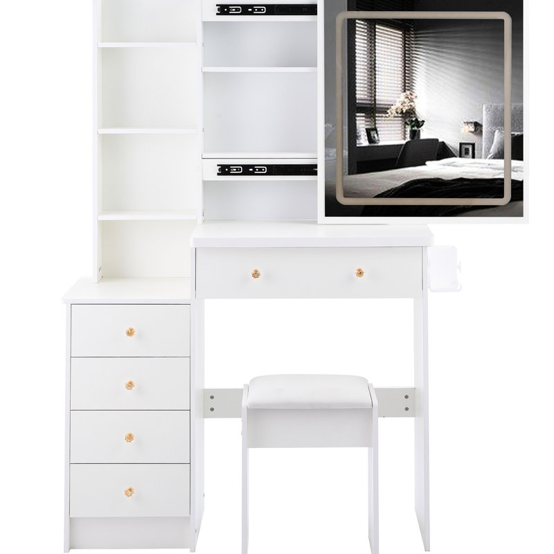 Coiffeuse de taille moyenne (94 cm) avec tabouret rembourré, 2 prises secteur + 2 prises électriques, support pour sèche-cheveux, grand miroir coulissant tactile à DEL (61 x 56 cm) avec 3 couleurs, conforme aux normes UL, style américain