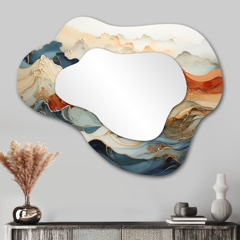 Abstract Orange And Blue River Ink III - Marble Asymmetrical Mirror, Peach Cloud Unique Wall Mirror, Printed Metal Art