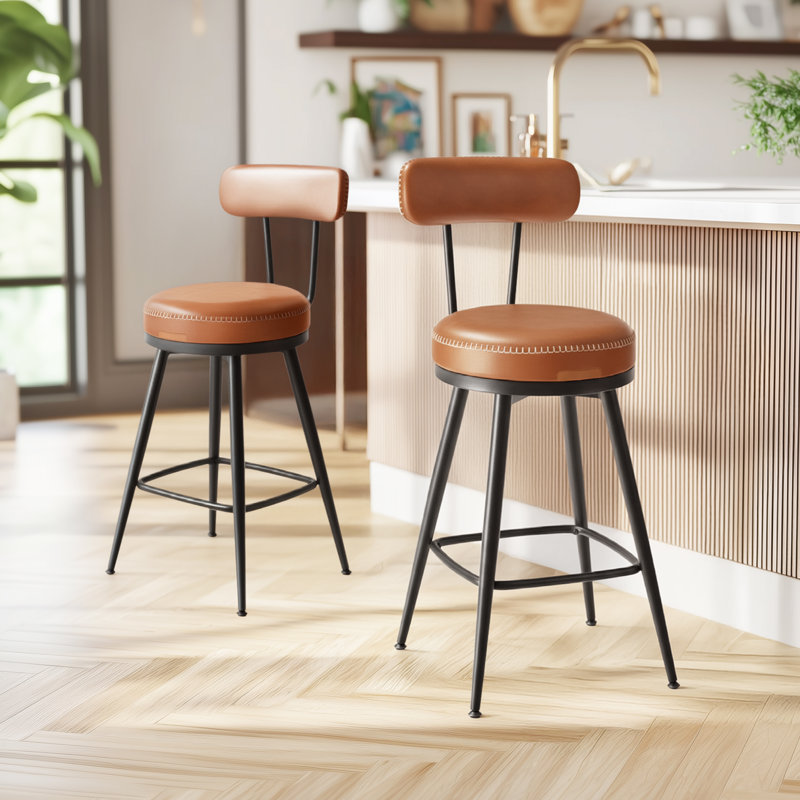 Tabourets Angelleah avec dossier, cuir synthétique, Brun, Tabouret de comptoir (siège d'une hauteur de 25,6