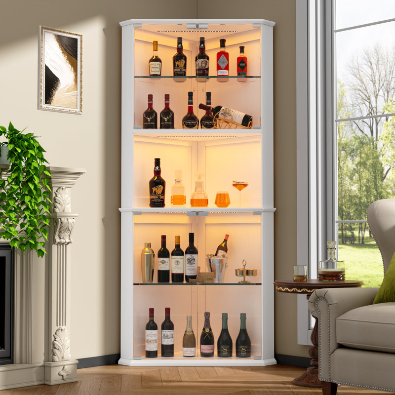 71.6" Corner Display Cabinet With LED Lights, 6-Tier Tall Curio Cabinet With Adjustable Glass Shelves&Glass Door, Wine Cabinet For Living Room, Home Bar (White)