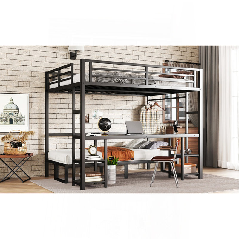 Queen Over Twin XL Metal Bunk Bed/Loft Bed With Desk And Shelves, Multiple Uses Folds Into Sofa With LED And USB, Black
