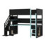 Lit mezzanine simple en bois à des fins de jeu, comprenant des escaliers pour le rangement, un bureau intégré, des tablettes et un panneau perforé-603650911-603650904