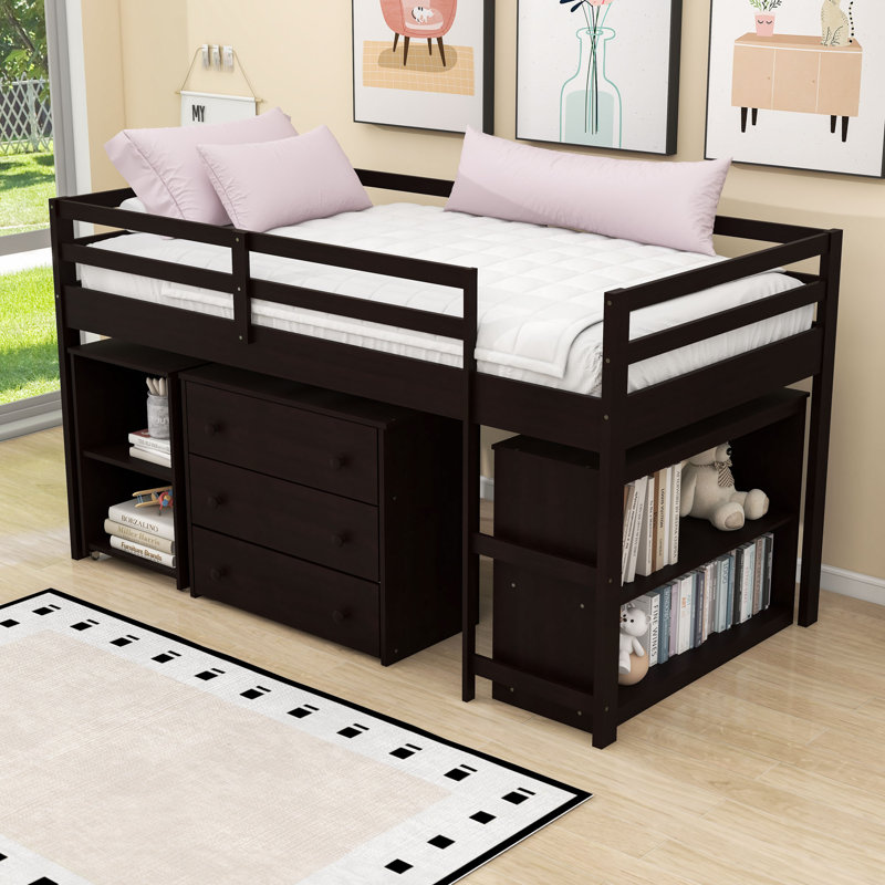 Elieser Kids Twin Loft Bed with Drawers, Espresso