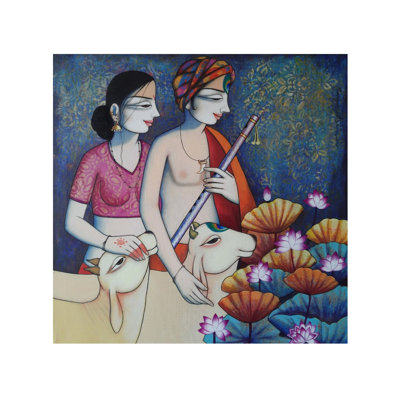 Radha Krishna Nature's Lovers Acrylic Painting on Canvas by Pravin Utge - Hindu Divine Couple Wall Art for Boho Spiritual Home Decor