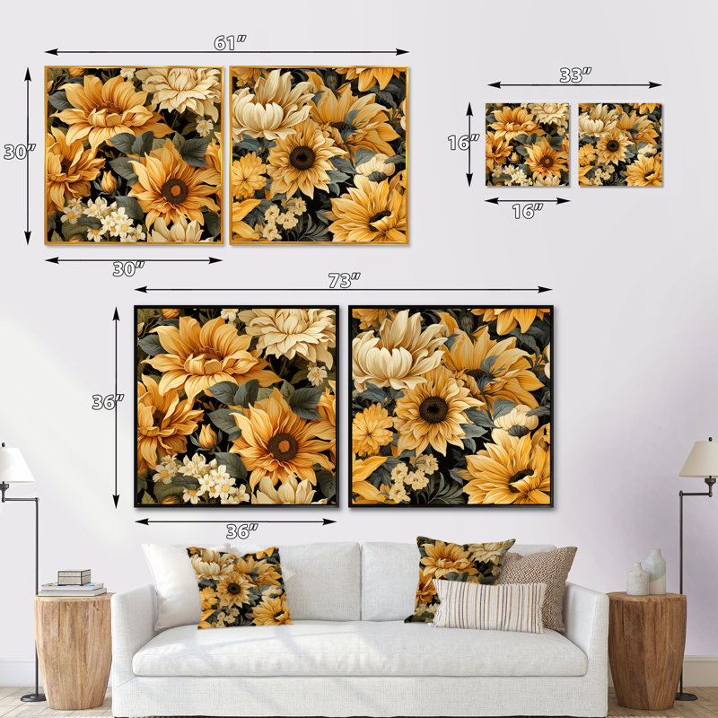 Tremiere - Ensemble de 2 collages floraux carrés, H 16 po x l 33 po, Cadre flottant brun