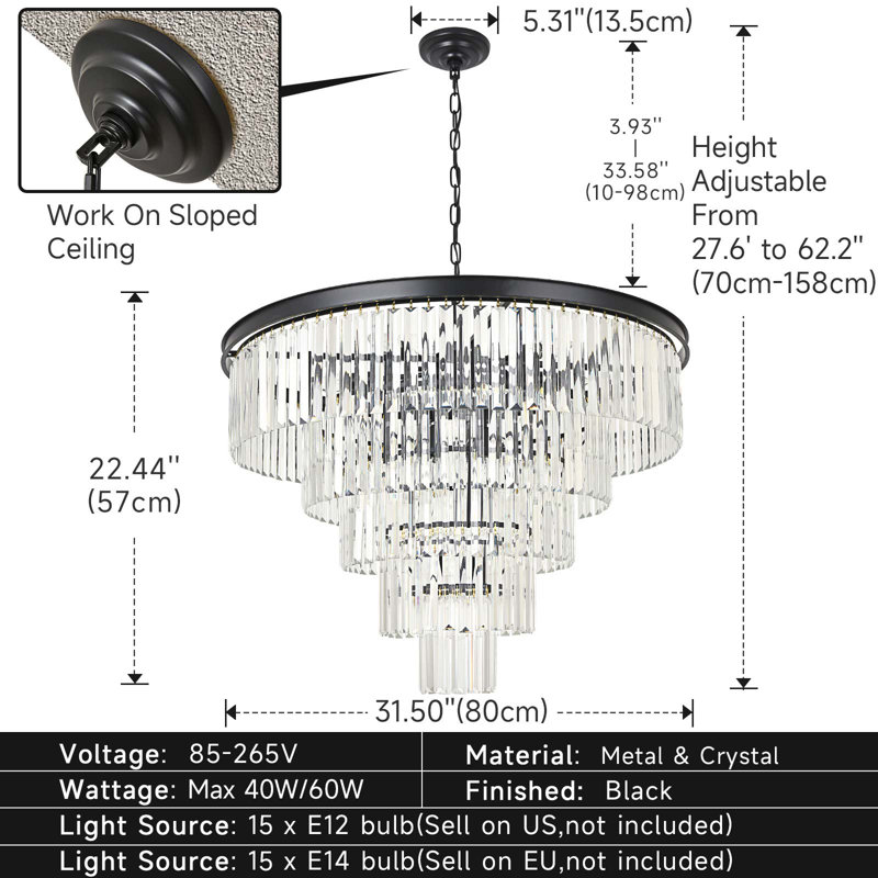 Makinlee Dimmable Tiered Chandelier, 22.44" H x 31.5" W x 31.5" D, 15 Light, Matte Black