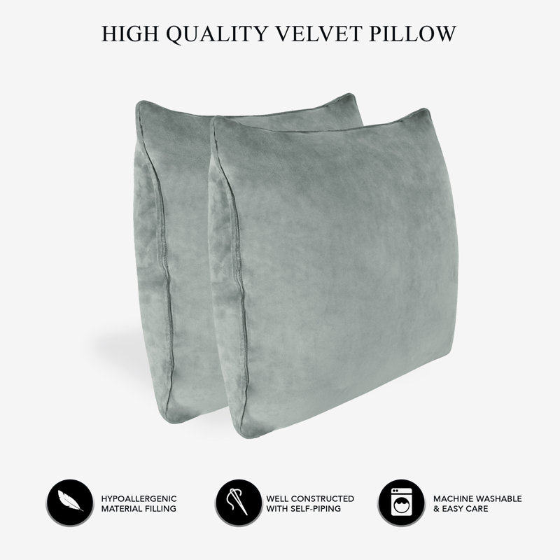 A1HC Velvet Down-Alternative Throw Pillow Inserts – Hypoallergenic, Ready-to-Use, Set of 2, 22"H x 22"W, Dove Gray