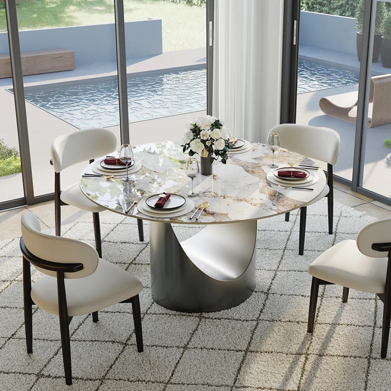 Table de salle à manger moderne en pierre frittée moderne avec base piédestal, H 29,5 po x L 47 po x l 47 po, Blanc lustré
