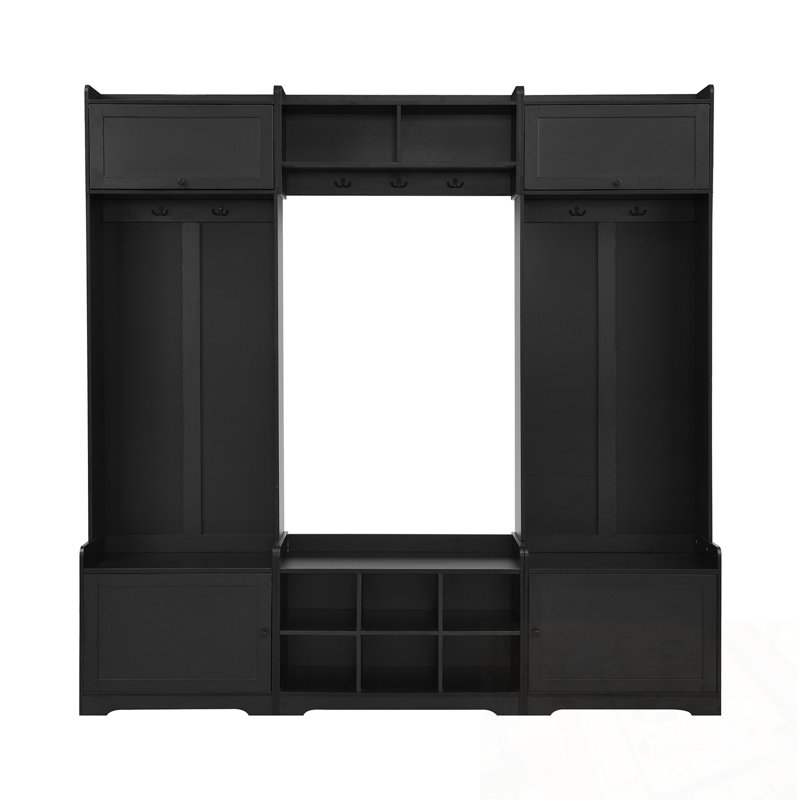 Hall Tree With Shoe Storage, 7 Coat Hooks And Adjustable Shelf, Black