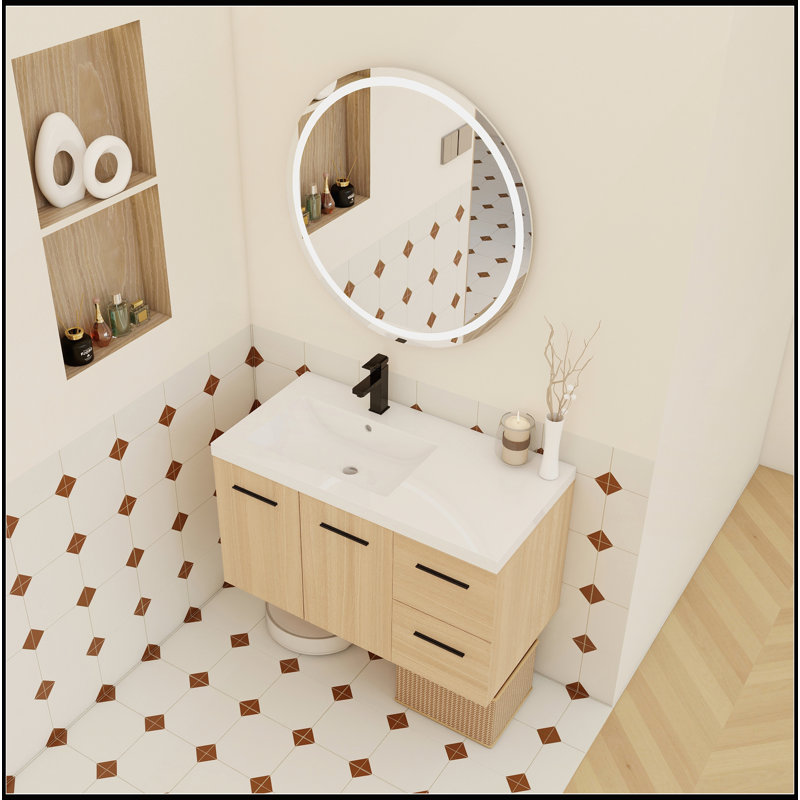 Meuble-lavabo mural flottant 36 po avec lavabo 36 po, finition chêne clair, conception modulaire à 2 portes et 2 tiroirs, plateau de lavabo en gel, livré dans 3 boîtes