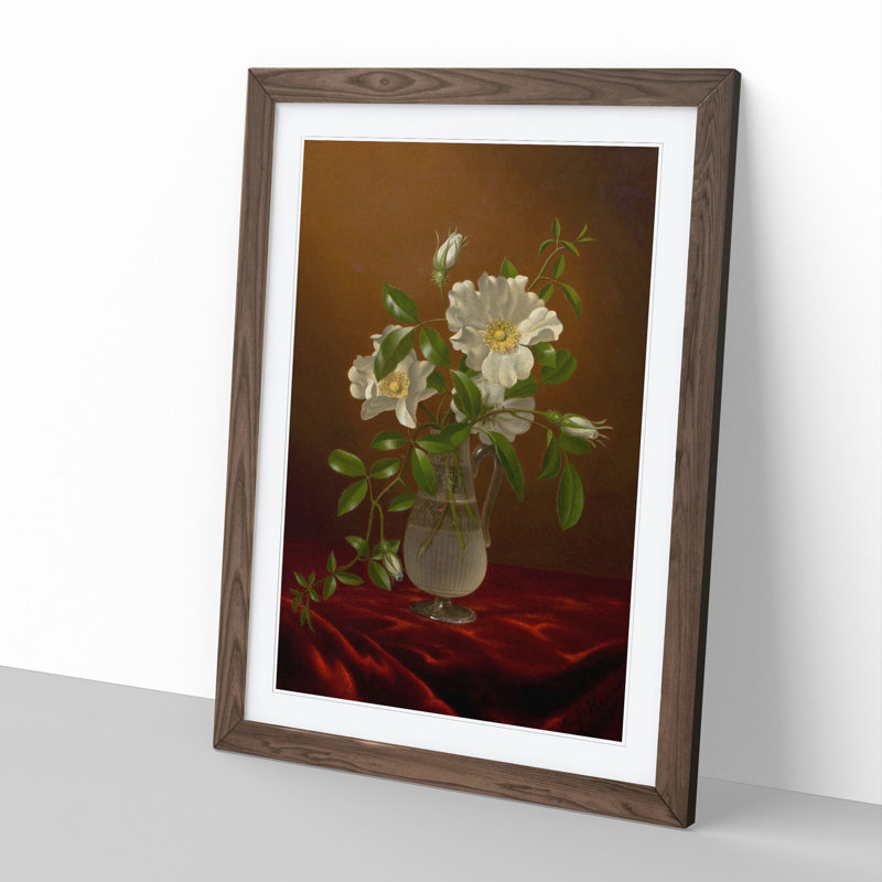 Cherokee Roses in a Vase by Martin Johnson Heade - Picture Frame Painting, 36cm H x 27cm W x 2cm D, Walnut Framed