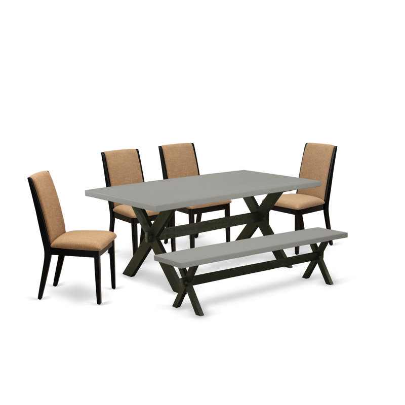 L'ensemble de table de salle à manger 6 pièces contient une table de salle à manger rectangulaire et 4 chaises Parson en tissu de sable clair avec banc, noir brossé