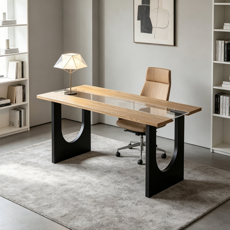 Bureau en verre trempé Creative Design, Transparent/noir, H 29,52 po x l 55,11 po x P 27,55 po