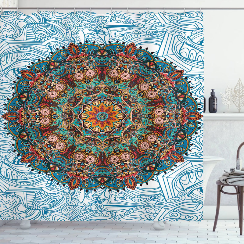 Ensemble de rideau de douche et crochets mandala, H 70 po x l 69 po