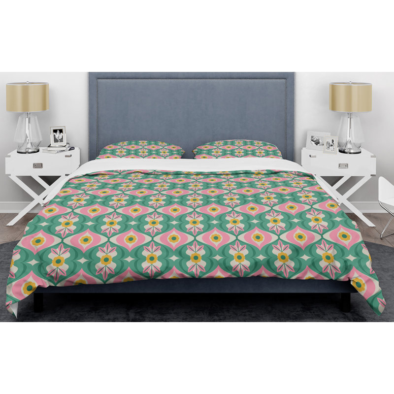 Modern & Contemporary Polyester Twill Geometric Shapes Duvet Cover, Twin Duvet Cover + 1 Sham, Retro with Flowers and Leaves