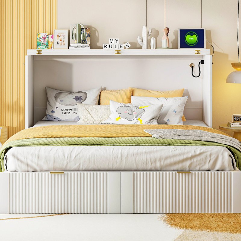 Lit blanc avec tiroir, douilles et ports - Gain de place pour la salle de sport, le bureau, la chambre d'amis, Lit double