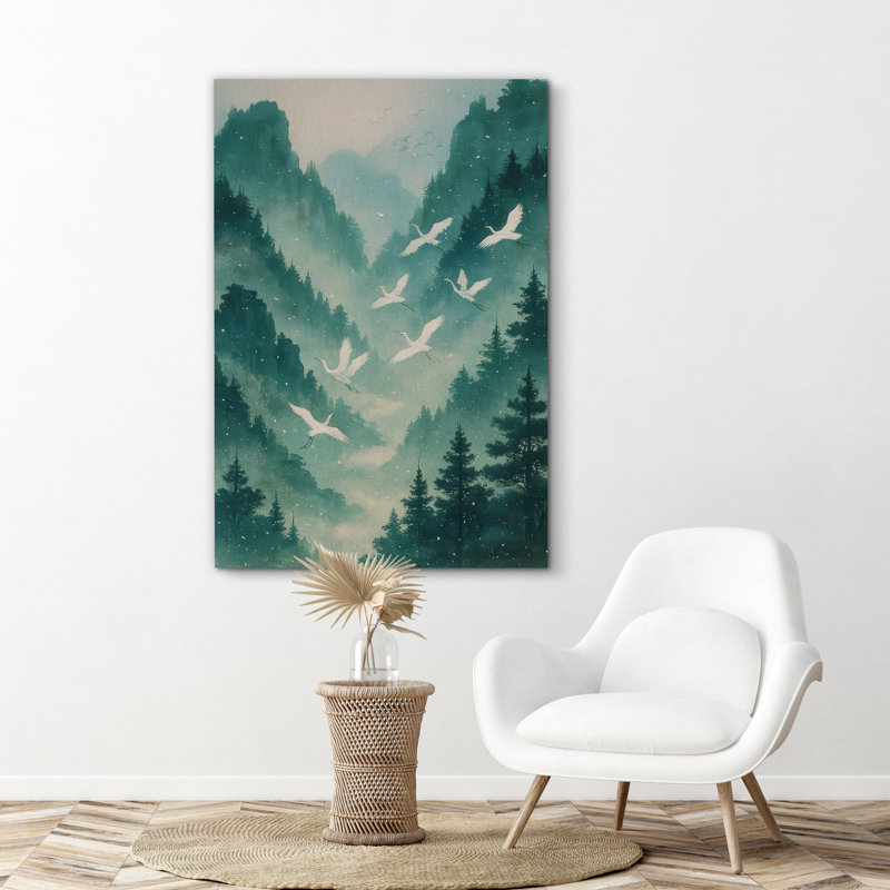 «White Cranes in Snowy Mountain Forest Art», reproduction d'art sur toile encadrée, H 36 po x l 24 po x P 1,5 po