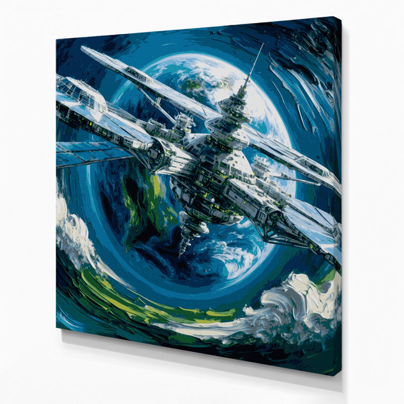 Art mural sur toile bleu, "Sci Fi Space station orbiting Earth", H 12 po x l 12 po