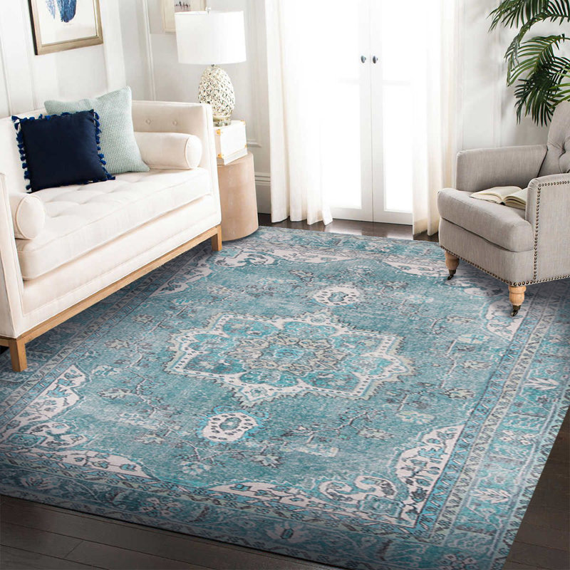 Tapis bleu sarcelle à motif tissé rétro, Rectangle 9 pi 11 po x 13 pi 2 po