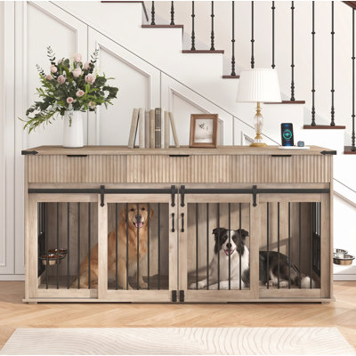 Caisse pour chien double 71 po avec 3 tiroirs cannelés et plateau de table en grain de bois de noyer imperméable, grand meuble chenil pour chien avec prise de courant de type C, mangeoires pivotantes pour chiens robustes (chêne gris)