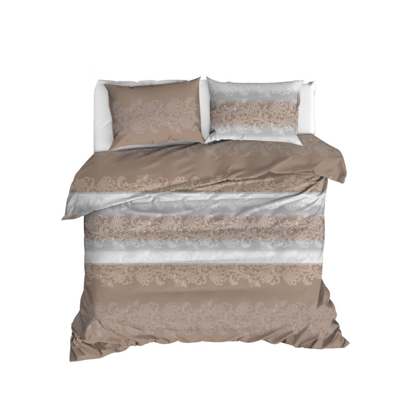 Ensemble de housse de couette 100% coton brun / gris Mareike, Housse de couette très grand + 2 taies d'oreiller