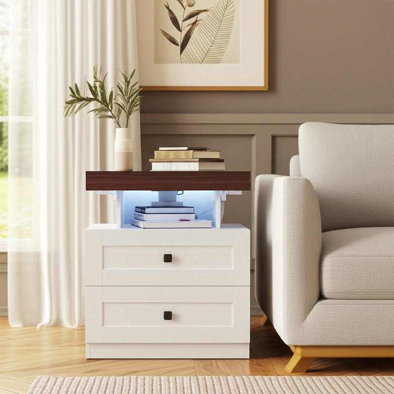 Farmhouse LED Nightstand Set Of 2, Bedroom Side Table With Charging Station, Rustic End Table With Drawers For Bedroom, Antique White