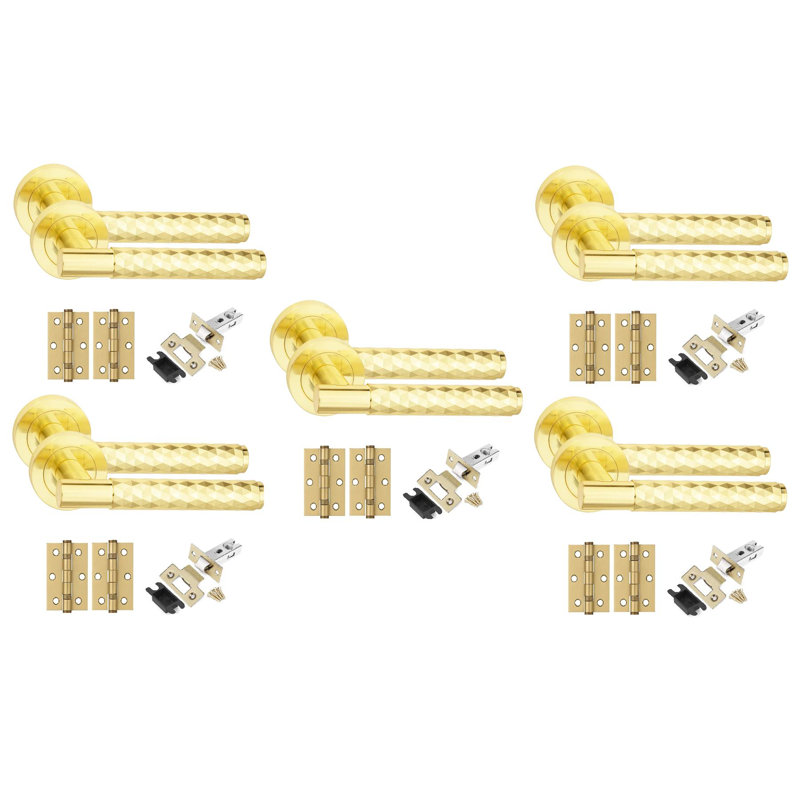 Golden Grace 5 Set Knurled Diamond Cut T-Bar Door Handle Set with Ball Bearing Hinges and Latch