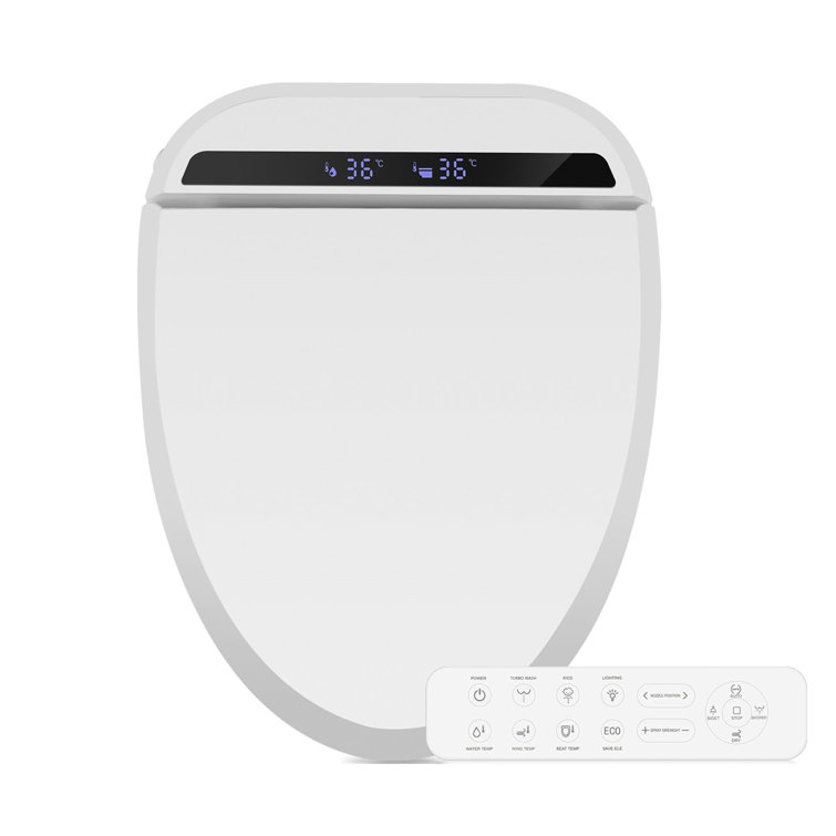 Elongated Warm Water Bidet Seat with Heated Seat, Remote Control, Self-Cleaning Nozzle, Adjustable Temperature, LED Light - White