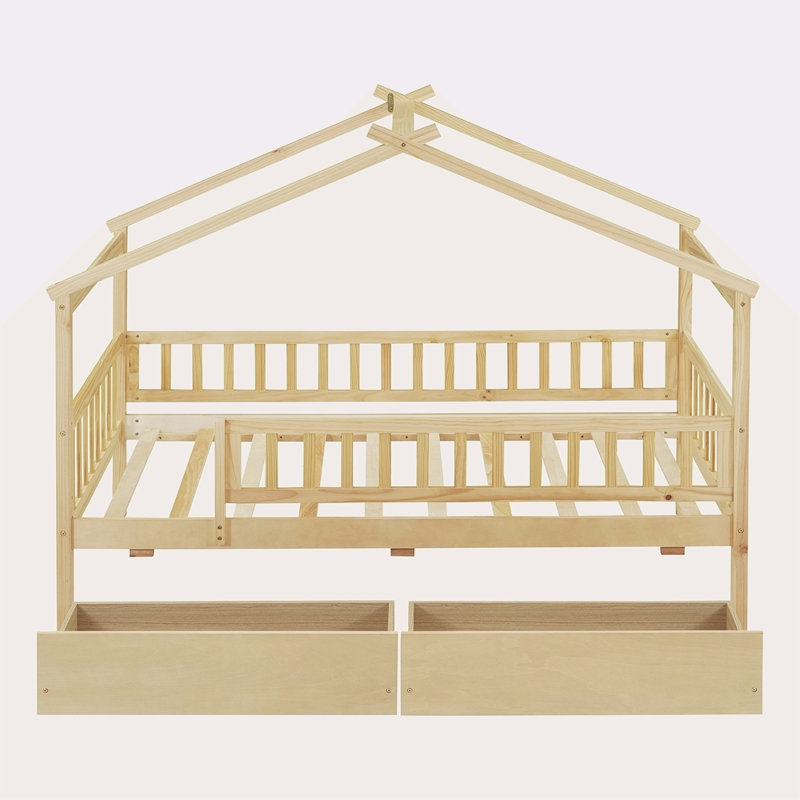Lit simple en bois avec deux tiroirs, Naturel