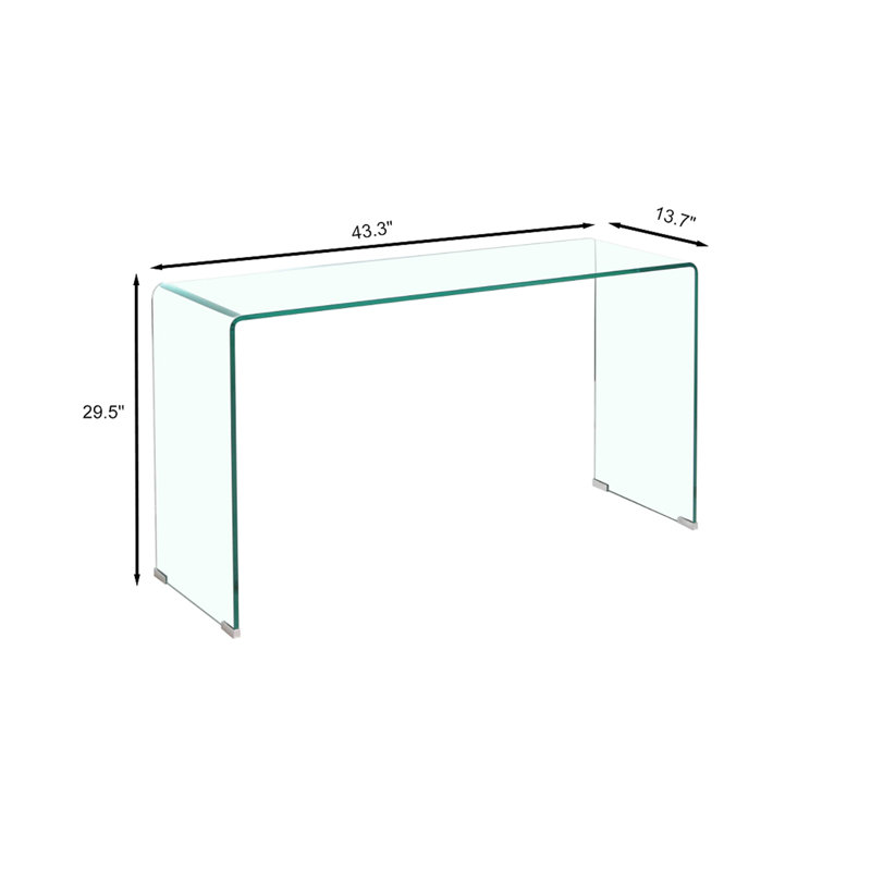 Console en verre, console en verre trempé transparent avec bureaux à bords arrondis, table de canapé