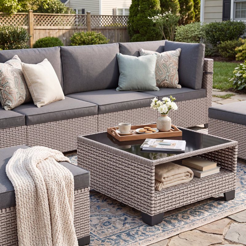 Ensemble de conversation d'extérieur, ensemble de jardin en résine tressée 6 personnes, groupe de sièges modulaire avec coussins, mobilier de jardin, mobilier d'extérieur et de terrasse avec tables de patio, gris