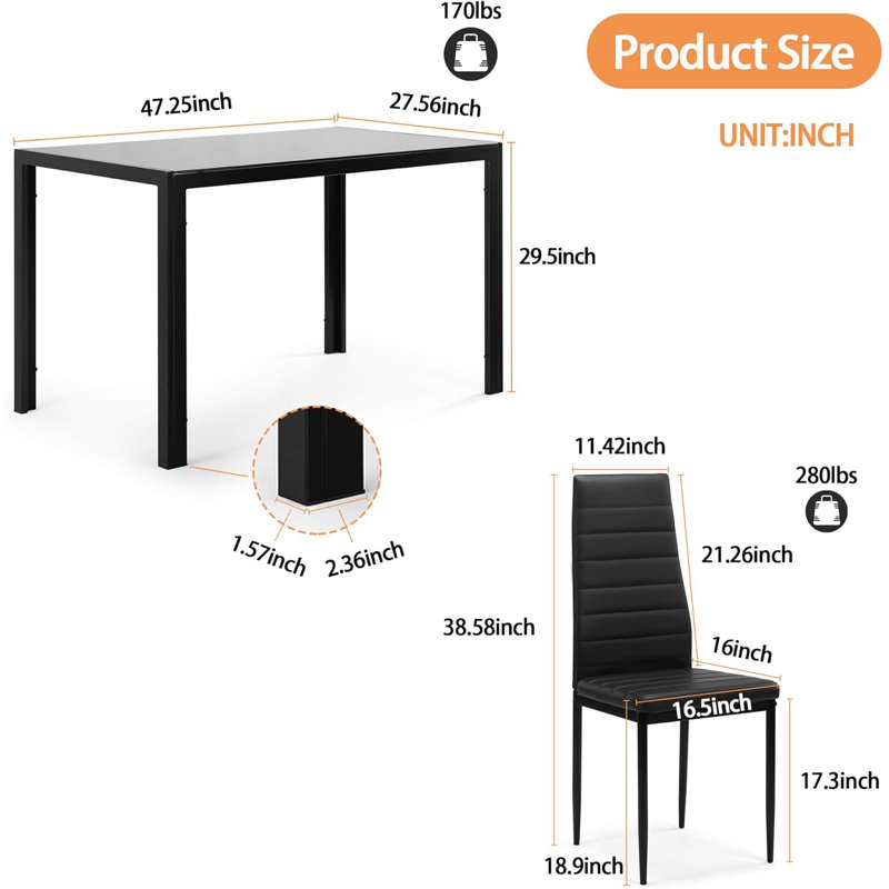 Ensemble de table de salle à manger de 47 pouces en verre pour 4, 5 pièces avec table en verre trempé et 4 chaises en cuir pu, pour la cuisine, la salle à manger, le bureau