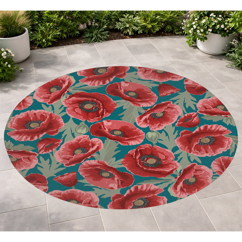 Poppie Soft Step Outdoor Area Rug, Teal, Round 5'