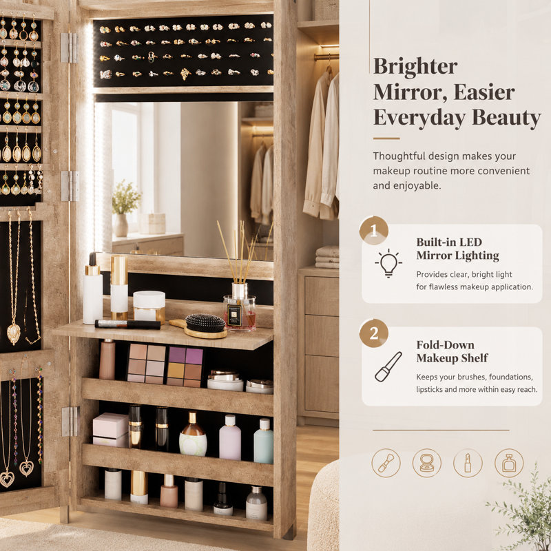 Jewellery Cabinet, Wall Mounted Jewellery Mirror Organizer
