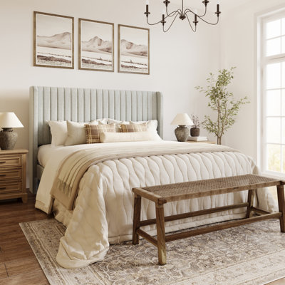 Candler Chenille Upholstered Platform Bed with Wingback Headboard and Wooden Slats