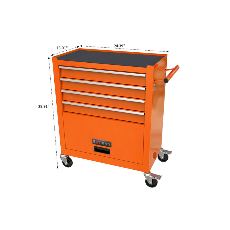 24.41" W 4 - Drawer Steel Bottom Rollaway Chest with Wheels, Orange