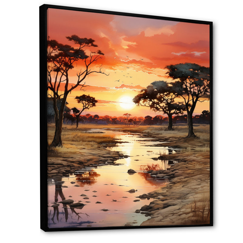 Alsey, coucher de soleil africain Oasis II, H 32 po x l 24 po x P 1 po, Cadre flottant noir