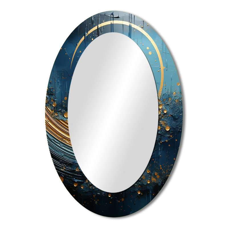 Lune bleue et dorée Cerulean Cycle Dreams - Grand miroir mural ovale sur métal, 36 po x 24 po