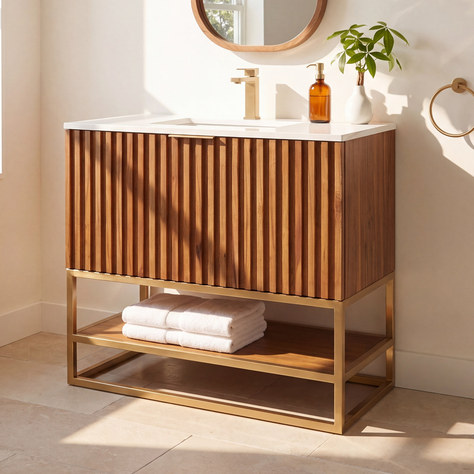 Terra 36" Carrara Marble Single Bathroom Vanity, White Quartz/Single Faucet Mount, Walnut, Satin Brass