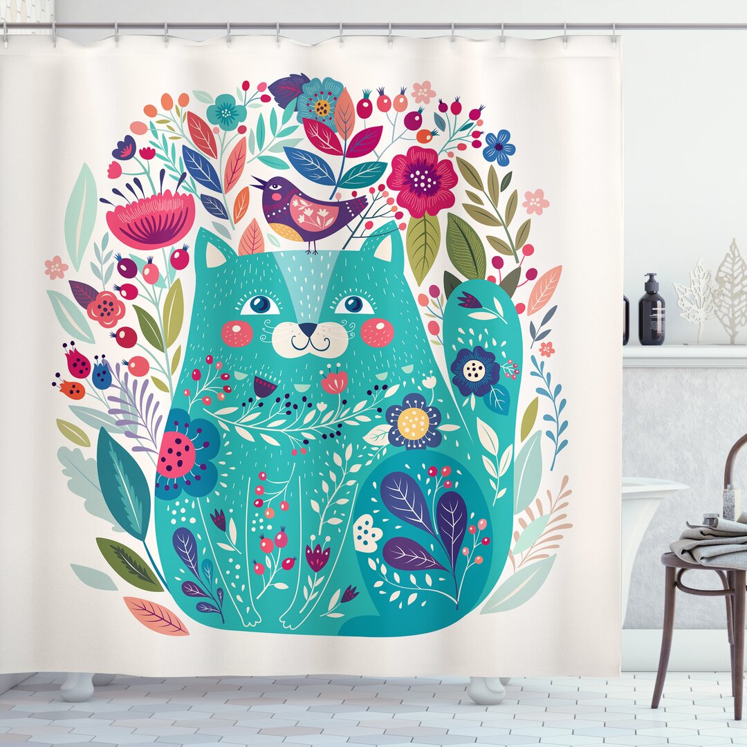 Duschvorhang, Kitty mit Blumen und Vogel, Katze, Seafoam Mehrfarbig