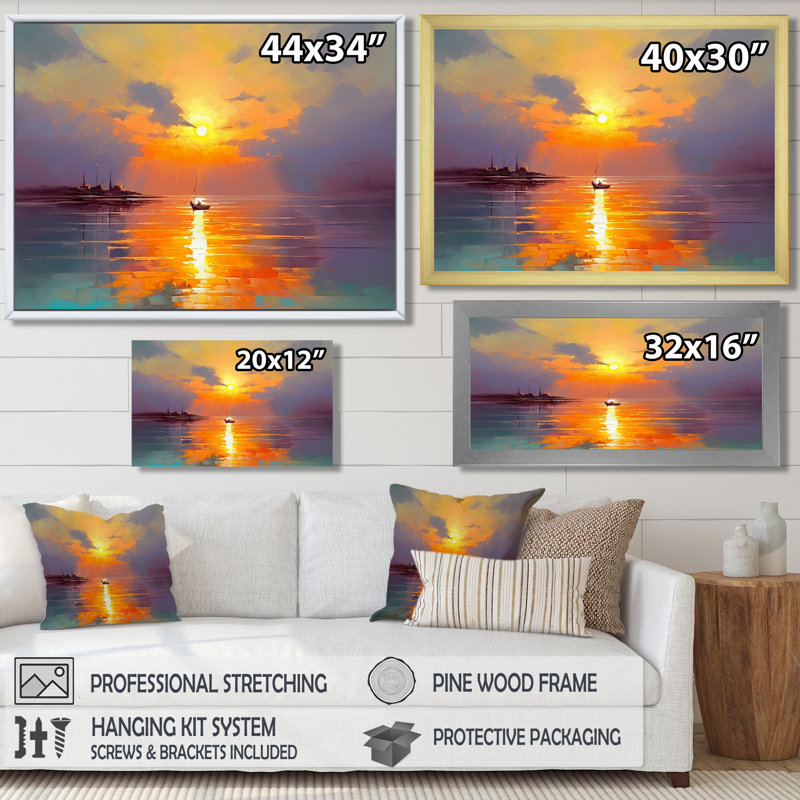 Bateau qui quitte le port, coucher de soleil doré - décor d'art mural coucher de soleil, Toile avec cadre flottant brun