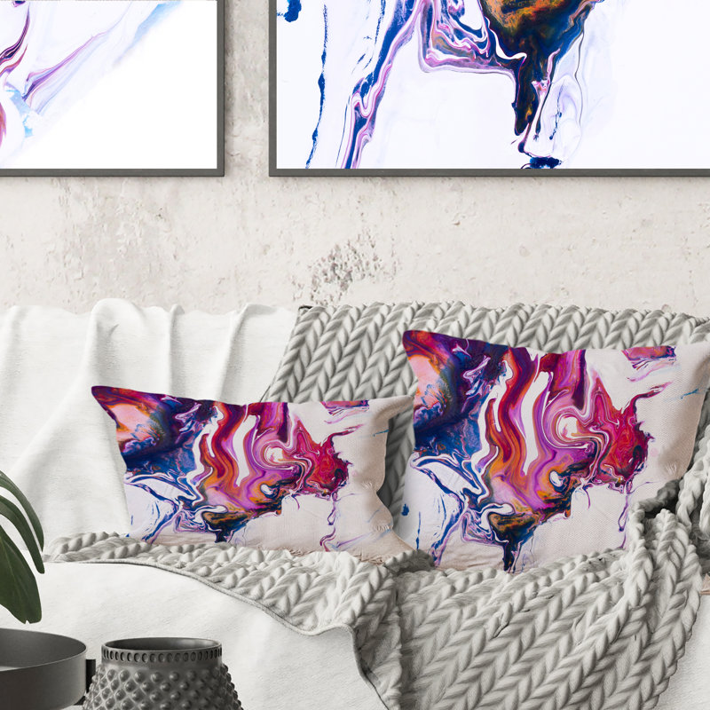 Coussin rose et bleu avec art liquide sur fond blanc - imprimé moderne, 18 po x 18 po