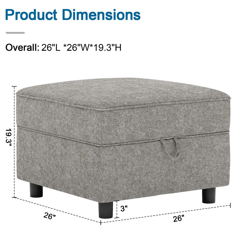 Repose-pieds modulaire rembourré avec rangement 26 po Sarino, Gris colombe